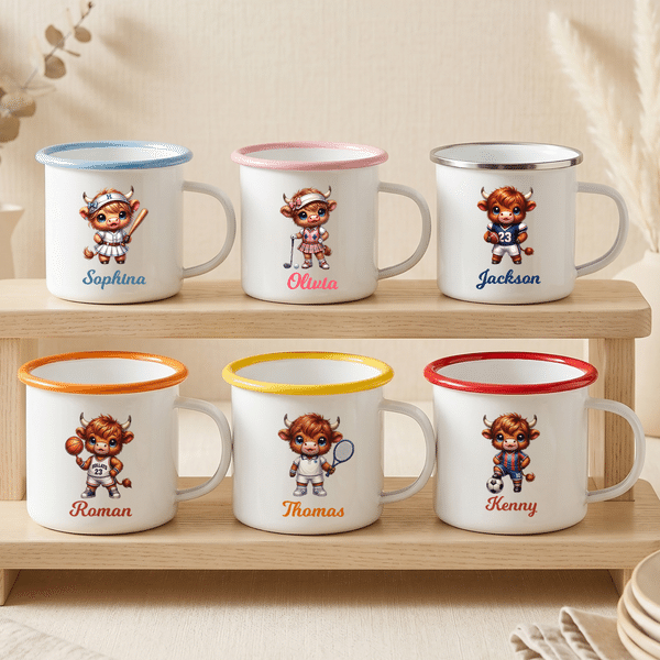 Personalized Highland Cow 12 oz Enamel Mug with Name Daily Use Sport Birthday Gift for Highland Cow Lover Sports Lover