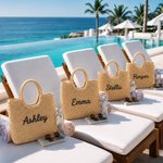 Borsa a mano in paglia con testo ricamato personalizzato, capiente, per uso quotidiano, da viaggio, regalo di compleanno per ragazze e donne