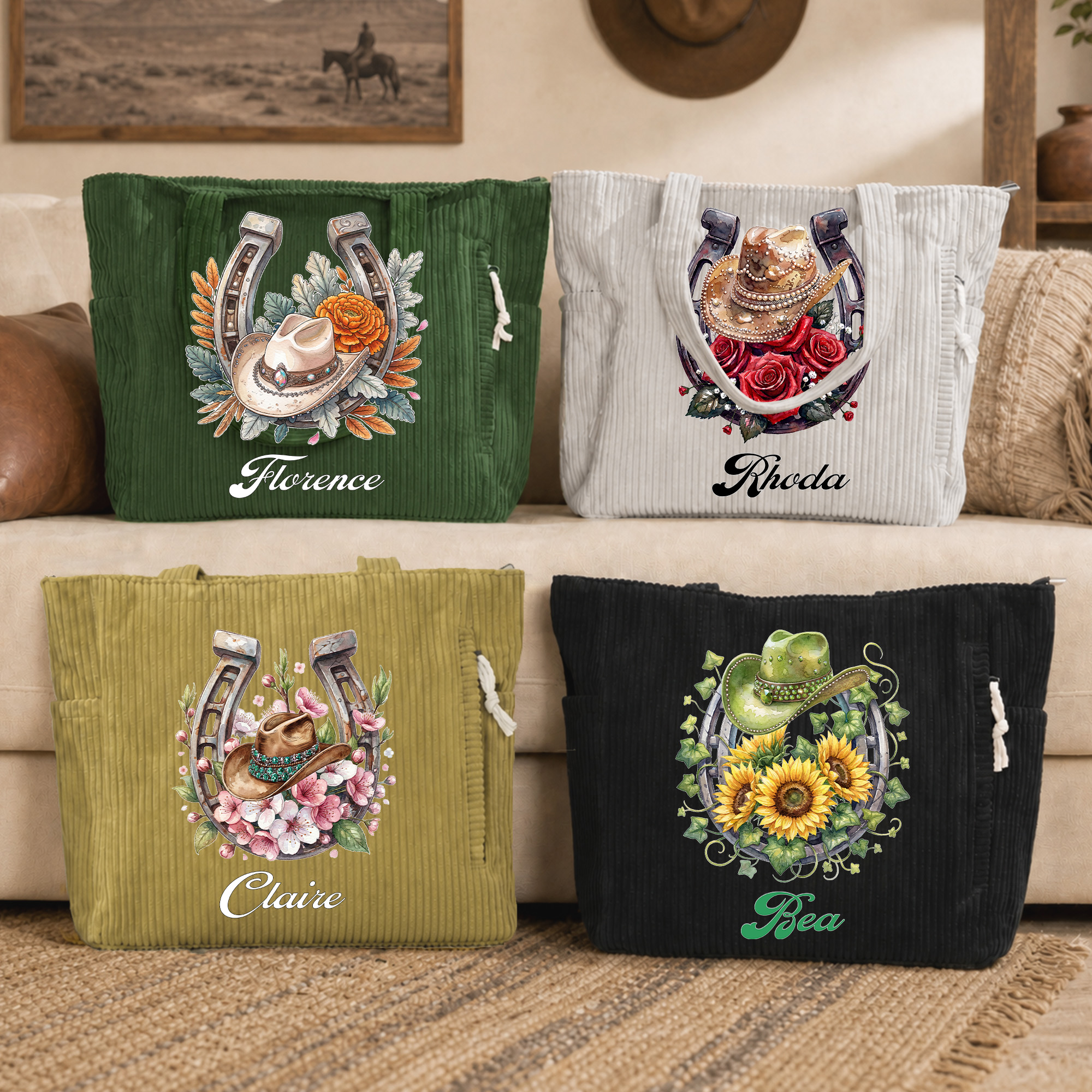 Personalisierter Cord-Shopper mit Hufeisen-Motiv | mit Geburtsblumen- und Geburtsstein-Motiv | mit Namen | Vintage-Cowgirl-Stil | Geschenk für Frauen