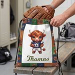 Personalized Sports Highland Cow Drawstring Bag with Name Daily Use Game Day Birthday Gift for Sports Lovers