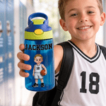 Personalised Cartoon Basketball Player 16 oz Water Bottle with Name Daily Use Back to School Birthday Gift for Kids Students