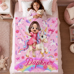 Personalized Cartoon Kid Character Dinosaur Fantasy Unicorn Soft Throw Blanket with Name Birthday Children's Day Holiday Gift for Kids