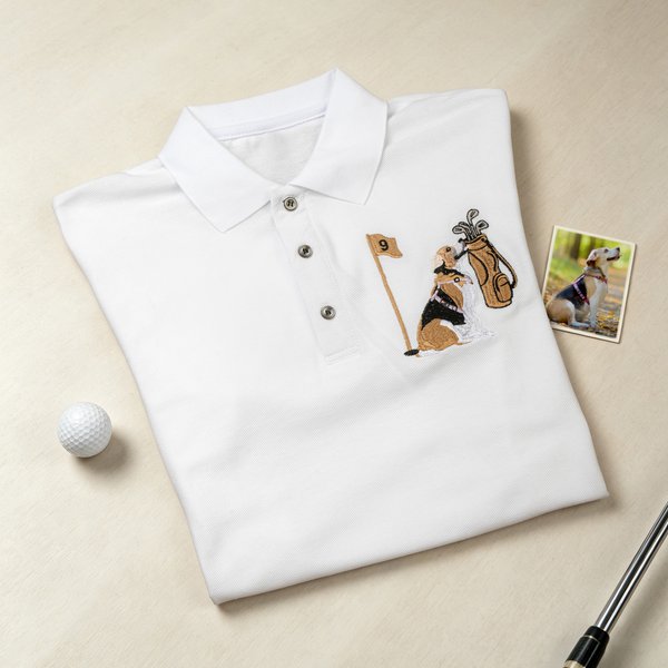 Personalised Pet Photo Portrait Embroidery 100% Cotton Golf Polo Shirt Birthday Anniversary Corporate Gift for Men Golf Lovers
