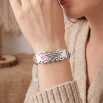 Personalised Pink Ribbon Bow Lymphedema Medical Alert Bracelet with Engraved Text and Title Emergency Jewellery Care Gift for Breast Cancer Woman