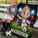 Personalized Soccer Cartoon Character Soft Throw Blanket with Name and Number Home Decor Back to School Birthday Gift for Kids Girls Boys