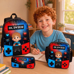 Personalised Cartoon Kid Character Bold Neon Gamepad Backpack Lunch Bag Pencil Case Set with Name Back to School Birthday Gift for Student