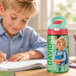 Personlig 3D-inspirert tegneseriefoto på 16 oz vannflaske for barn med navn og silikonstrå – en perfekt gave til skolestart eller bursdag for gutter og jenter