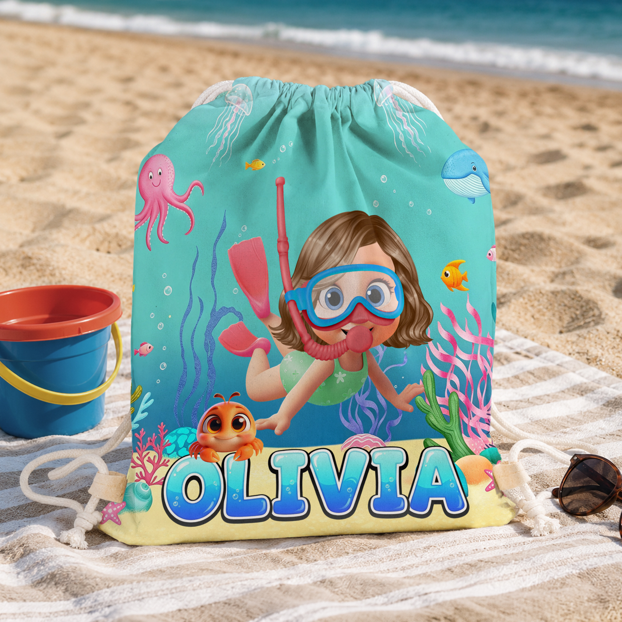 Individuell gestalteter, niedlicher Strandrucksack mit Kordelzug für Kinder – mit Meeres-Motiven und Namen – als Geschenk für Sommerferien, Strandparty oder Geburtstag für Jungen und Mädchen