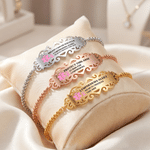 Personalised Pink Ribbon Bow Lymphedema Medical Alert Bracelet with Engraved Text and Title Emergency Jewellery Care Gift for Breast Cancer Woman