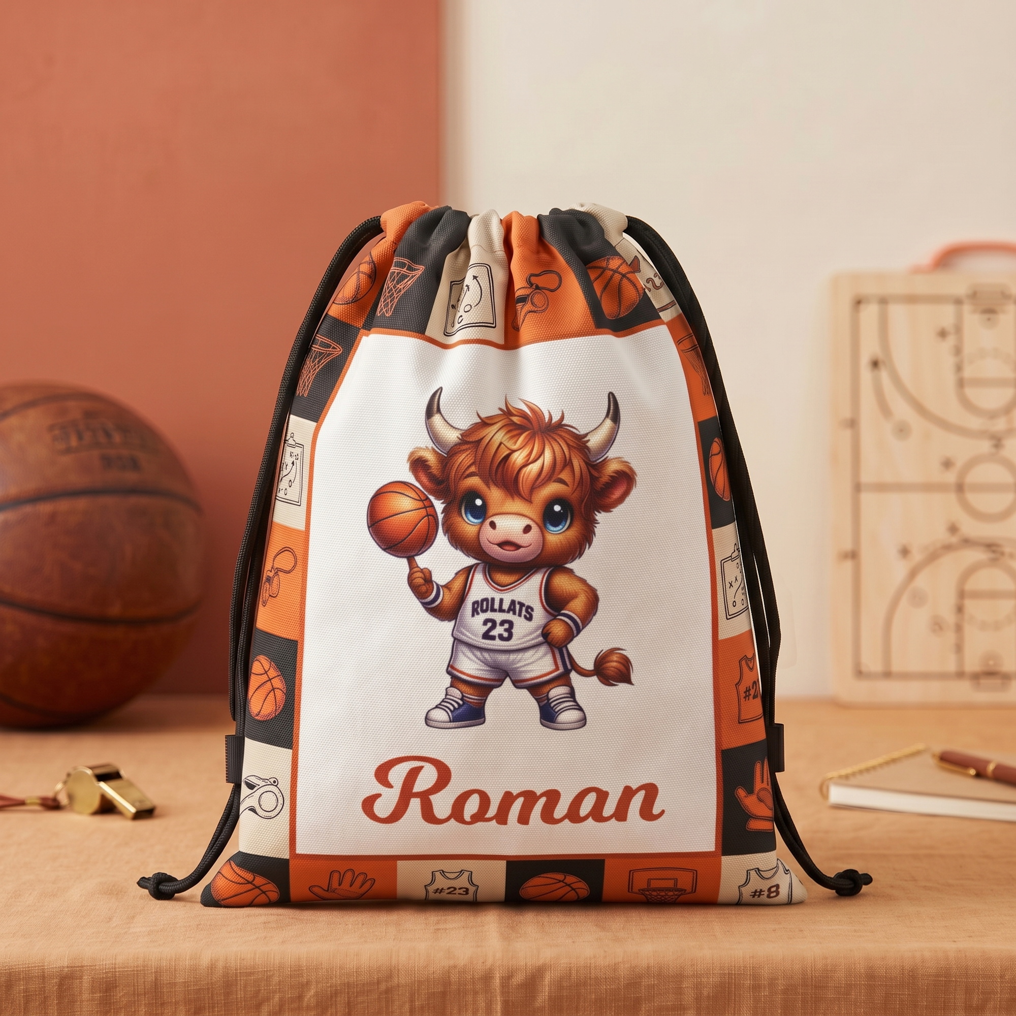 Personalisierter Sport-Zugbeutel mit Highland-Cow-Motiv und Namensaufdruck – für den täglichen Gebrauch, als Geschenk zum Spieltag oder zum Geburtstag für Sportbegeisterte