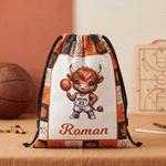 Personalized Sports Highland Cow Drawstring Bag with Name Daily Use Game Day Birthday Gift for Sports Lovers