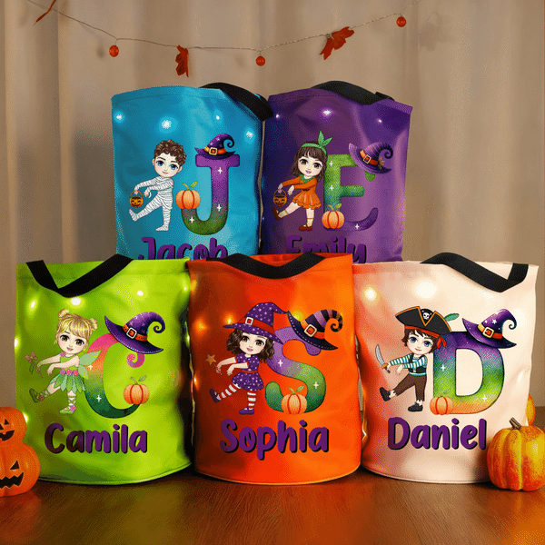 Personalized Cartoon Kids Character Pumpkin LED Light Bucket Bag with Name and Letter Trick or Treat Halloween Party Gift for Children Boys Girls