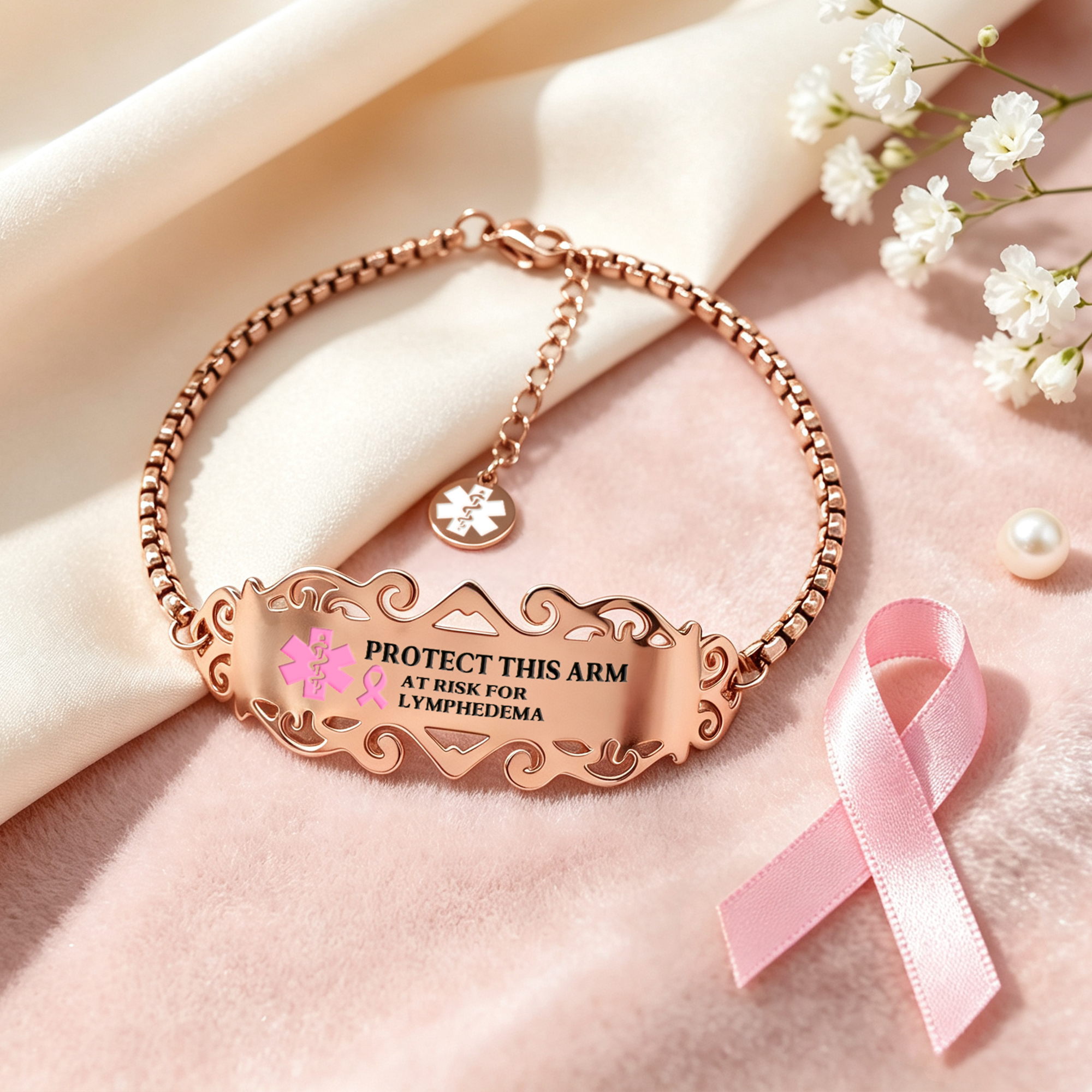 Personalisiertes medizinisches Notfallarmband mit rosa Schleife für Lymphödem, mit eingraviertem Text und Titel – Notfallschmuck als Geschenk für Frauen mit Brustkrebs