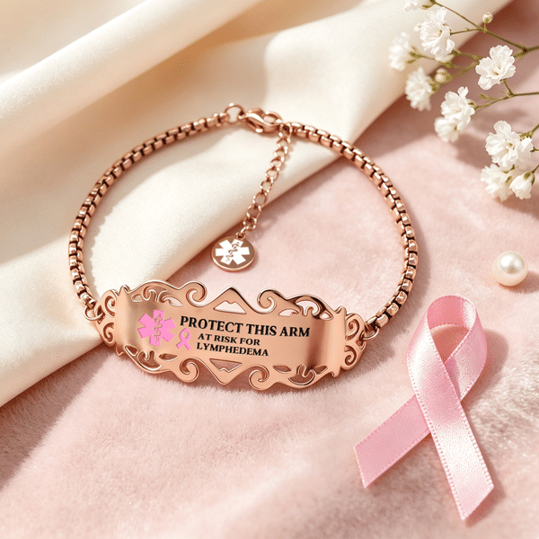 Personalised Pink Ribbon Bow Lymphedema Medical Alert Bracelet with Engraved Text and Title Emergency Jewellery Care Gift for Breast Cancer Woman