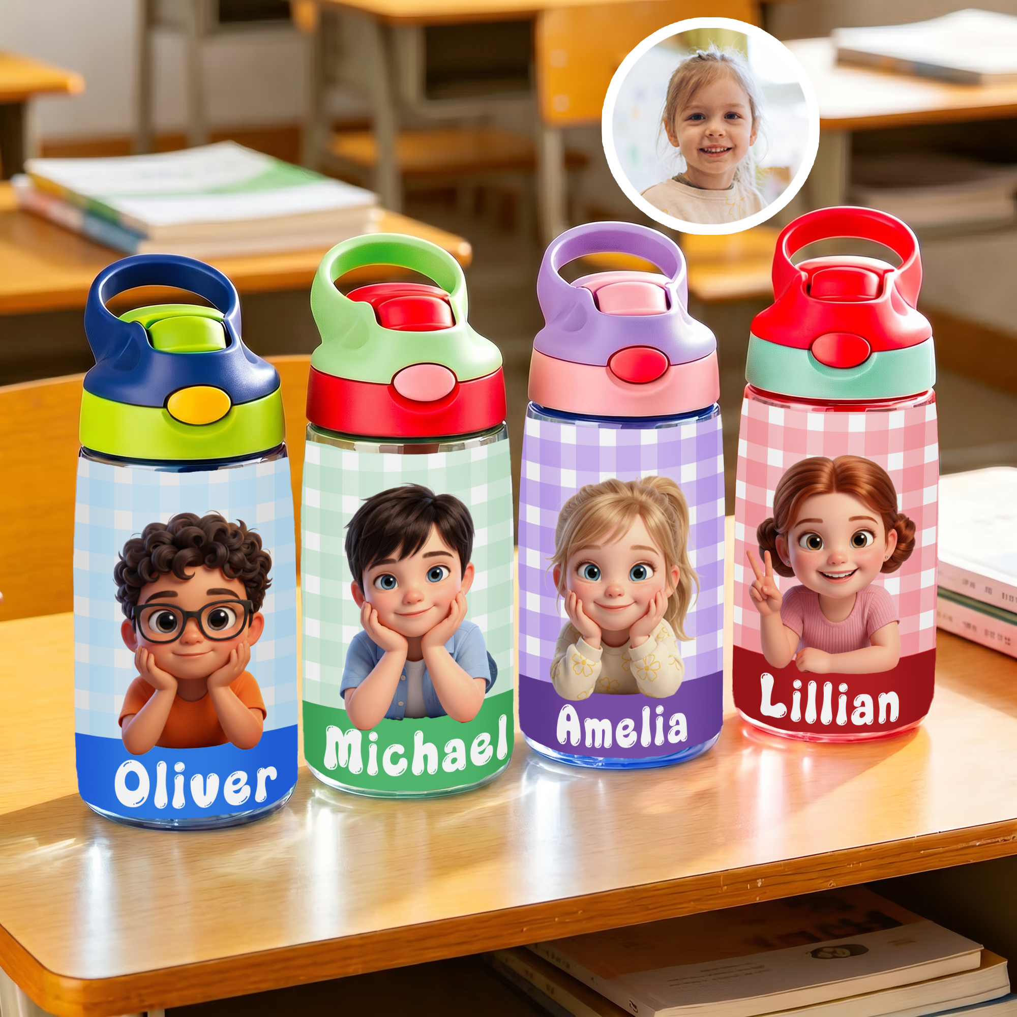 Personalisierte Trinkflasche mit Cartoon-Figur, Namen und Silikonstrohhalm – ideal für Outdoor-Aktivitäten, als Geburtstags- oder Schulanfangsgeschenk für Schüler und Kinder