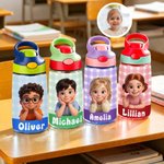 Personlig vannflaske med tegneseriefigur, navn og silikonstrå – perfekt til friluftsliv, bursdager og skolestart – en flott gave til elever