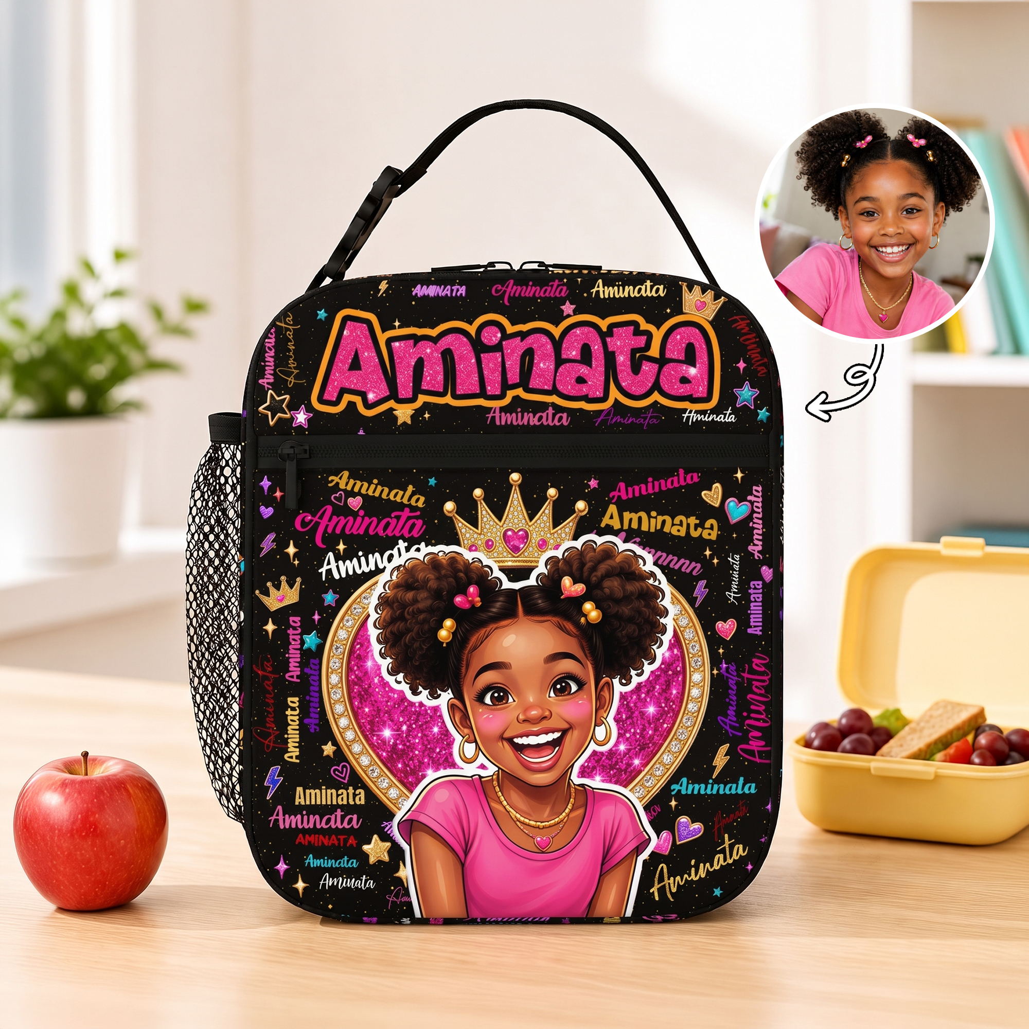 Personalisierte, isolierte Lunch-Tasche im Comic-Stil mit Wortwolke und Kinderfoto sowie Namensaufdruck – als Geschenk zum Schulanfang, für Reisen oder zum Geburtstag