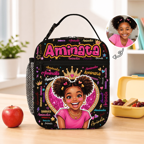 Personalized Word Cloud Comic Style Kid Photo Insulated Lunch Bag with Name Back to School Travel Birthday Gift for Kids
