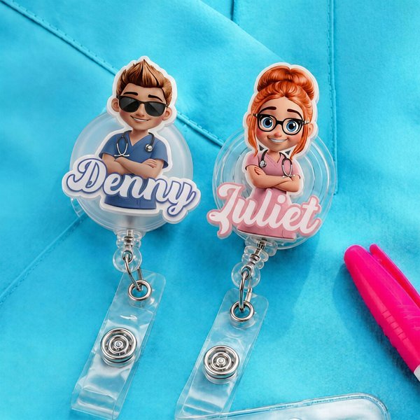 Gepersonaliseerde, intrekbare badgehouder van acryl met medisch stripfiguur en naam – bedankcadeau voor Verpleegkundigendag of verjaardag voor artsen en verpleegkundigen