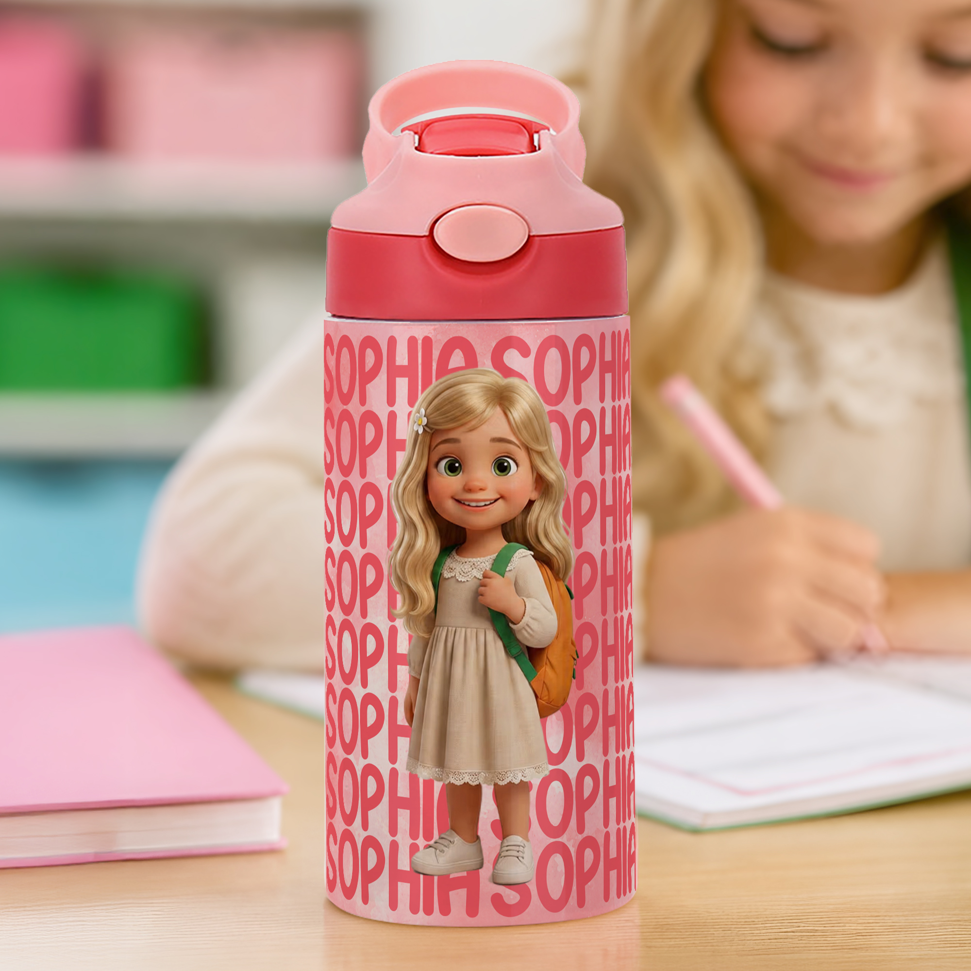 Individuell gestaltete 3D-Design-Fotowortwolke – isolierte 12-oz-Trinkflasche für Kinder mit Namen – Geschenk zum Schulanfang und zum Geburtstag für Jungen, Mädchen und Schüler