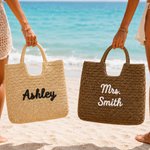 Borsa a mano in paglia con testo ricamato personalizzato, capiente, per uso quotidiano, da viaggio, regalo di compleanno per ragazze e donne