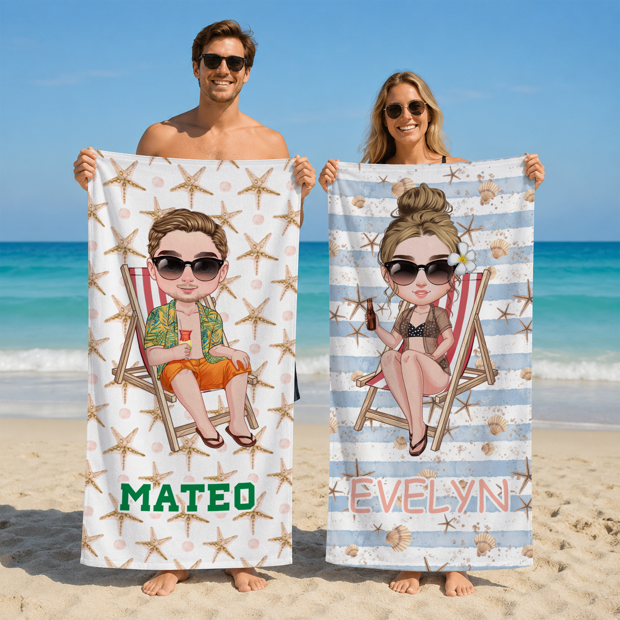 Individuell gestaltetes, super saugfähiges Strandtuch mit Meeresmotiven und Cartoon-Figuren, mit Namen – perfekt als Geschenk für Strandpartys, Sommerurlaub oder Geburtstage für Männer und Frauen