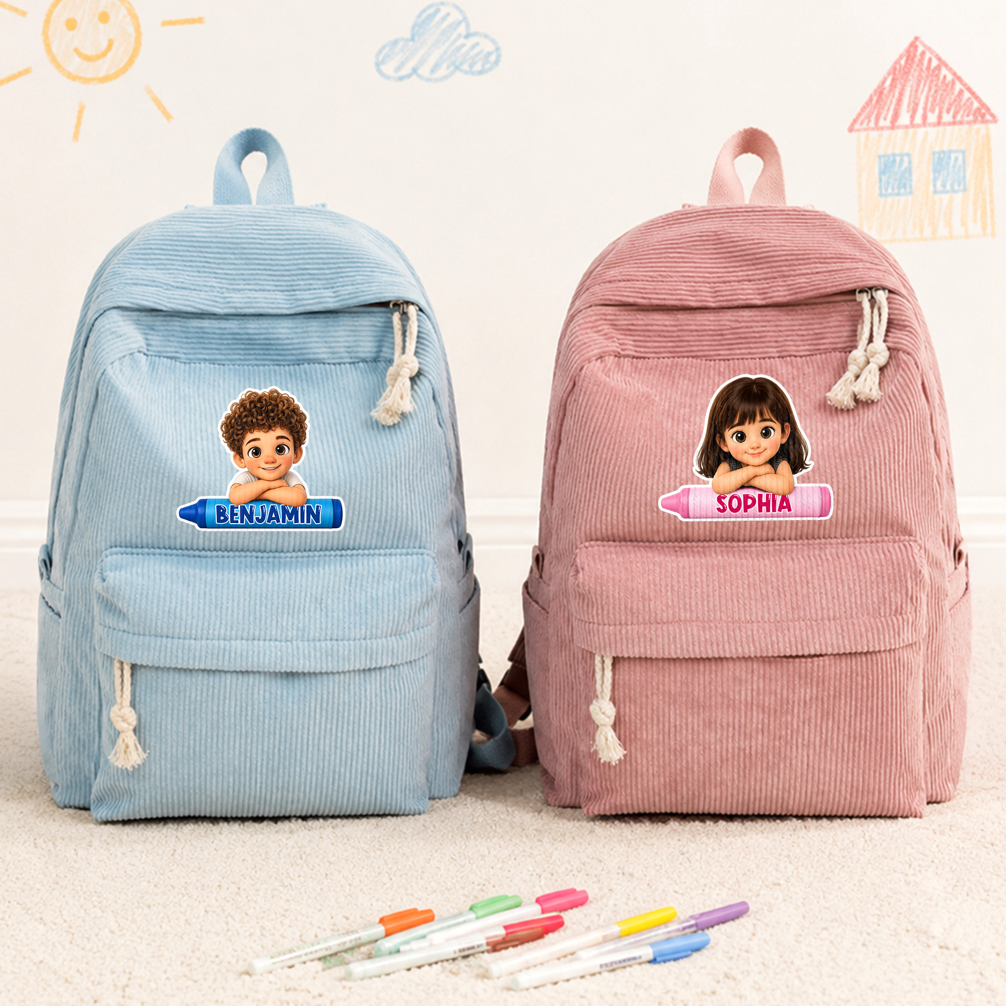 Personalisierter Rucksack im 3D-Stil mit Buntstift-Motiv und Kinderfiguren aus Cord, mit Namenszug – für den täglichen Gebrauch, zum Schulanfang oder als Geburtstagsgeschenk für Mädchen und Jungen