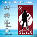 Personalised Multicolour Baseball Rugbay Player Silhouette Quick Dry Beach Towel with Name and Number Summer Holiday Travel Gift for Baseball Lovers