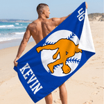 Personalised Multicolour Baseball Rugbay Player Silhouette Quick Dry Beach Towel with Name and Number Summer Holiday Travel Gift for Baseball Lovers