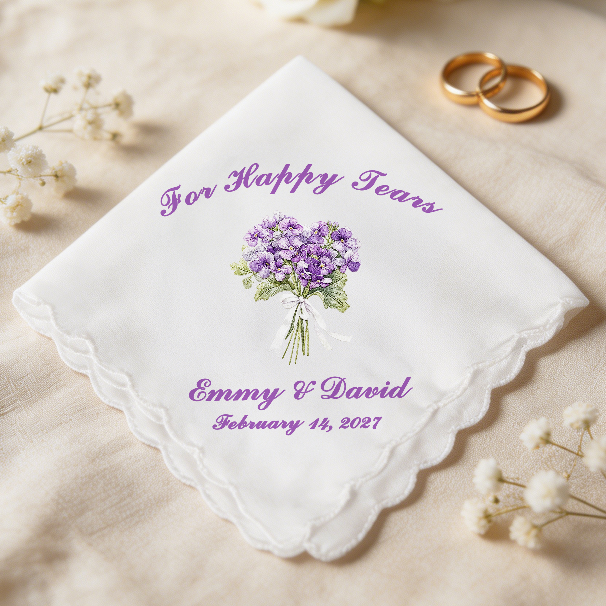 Personalisiertes Hochzeits-Taschentuch aus 100 % Baumwolle mit „Happy Tears“-Geburtsblume, Namen und Text – Hochzeitsgeschenk für Braut, Bräutigam und das frischvermählte Paar