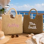 Borsa a mano in paglia con testo ricamato personalizzato, capiente, per uso quotidiano, da viaggio, regalo di compleanno per ragazze e donne