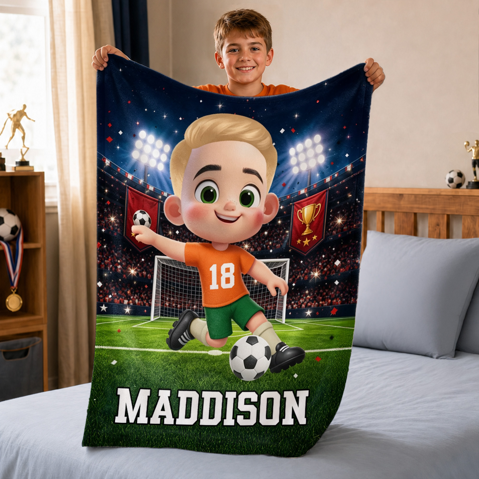 Individuell gestaltete, weiche Fußball-Cartoon-Decke mit Namen und Nummer – Wohnaccessoire, Geschenk zum Schulanfang oder zum Geburtstag für Kinder, Mädchen und Jungen