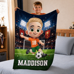 Personalized Soccer Cartoon Character Soft Throw Blanket with Name and Number Home Decor Back to School Birthday Gift for Kids Girls Boys