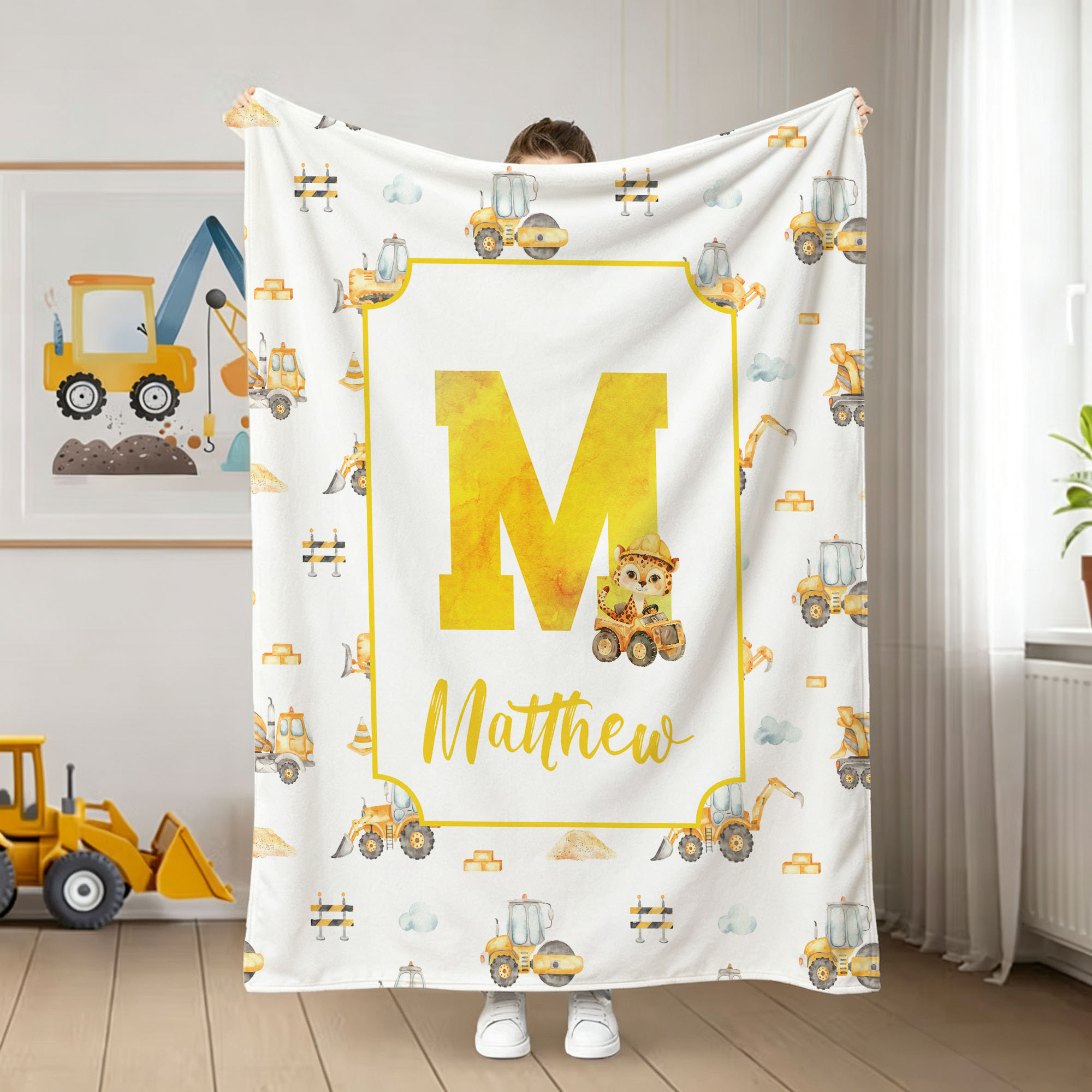 Personalisierte Cartoon-Tier Kuscheldecke | mit Baufahrzeuge-Motiv und Namen | Kinderzimmer Deko | Geburtstag Geschenk für Kinder