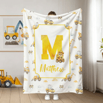 Personalized Cartoon Animal Construction Bulldozer Soft Throw Blanket with Name and Initial Nursery Decor Birthday Baby Shower Gift for New Baby