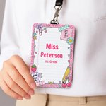 Personalised Cute Stationery Border ID Card Holder with Hanging Buckle Surname Text and Title Back to School Teacher's Day Gift for Educators