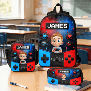 Personalised Cartoon Kid Character Bold Neon Gamepad Backpack Lunch Bag Pencil Case Set with Name Back to School Birthday Gift for Student