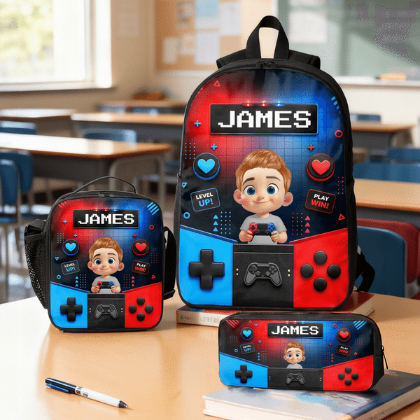 Personalised Cartoon Kid Character Bold Neon Gamepad Backpack Lunch Bag Pencil Case Set with Name Back to School Birthday Gift for Student