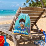 Personalized Cute Diving Kid Sea Animal Drawstring Beach Backpack with Name Summer Vacation Beach Party Birthday Gift for Boys Girls