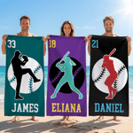 Personalised Multicolour Baseball Rugbay Player Silhouette Quick Dry Beach Towel with Name and Number Summer Holiday Travel Gift for Baseball Lovers