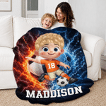 Personalized Soccer Cartoon Character Soft Throw Blanket with Name and Number Home Decor Back to School Birthday Gift for Kids Girls Boys