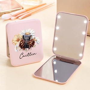 Personalized Black Girl Nail Art Bible Birth Flower Portable Makeup Mirror with LED Light and Name Christening Birthday Gift for Woman Christian