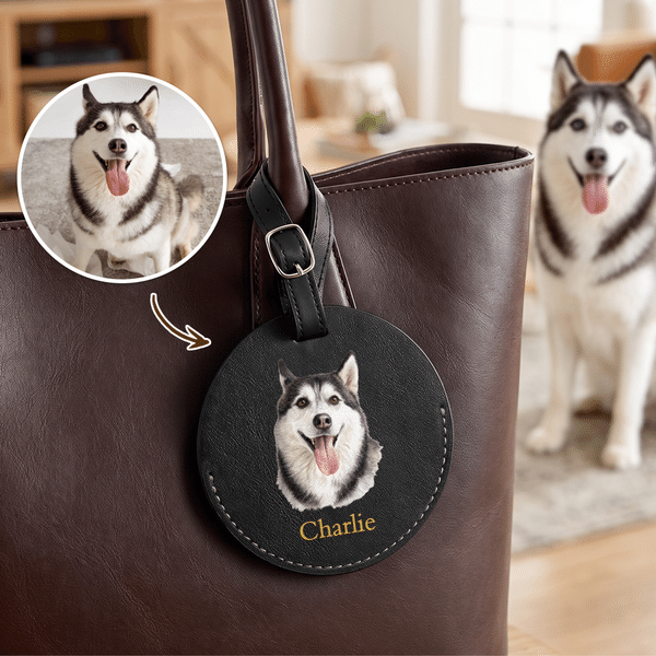 Personalised Hand-Painted Pet Portrait PU Leather Bag Tag with Name and Photo Travel Accessory Birthday Gift for Pet Lovers