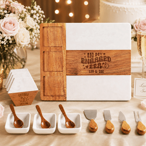 Personalised In My Engaged Era Ring Heart Pattern Acacia Marble Chopping Board Coaster Set with Engraved Name Engagement Wedding Gift for Couple