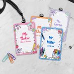 Personalised Cute Stationery Border ID Card Holder with Hanging Buckle Surname Text and Title Back to School Teacher's Day Gift for Educators