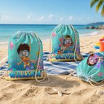 Personalized Cute Diving Kid Sea Animal Drawstring Beach Backpack with Name Summer Vacation Beach Party Birthday Gift for Boys Girls