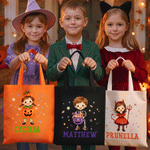 Personalized Trick or Treat Cartoon Character Pumpkin Spooky Ghost Large Capacity Canvas Bag with Name Halloween Party Gift for Kid