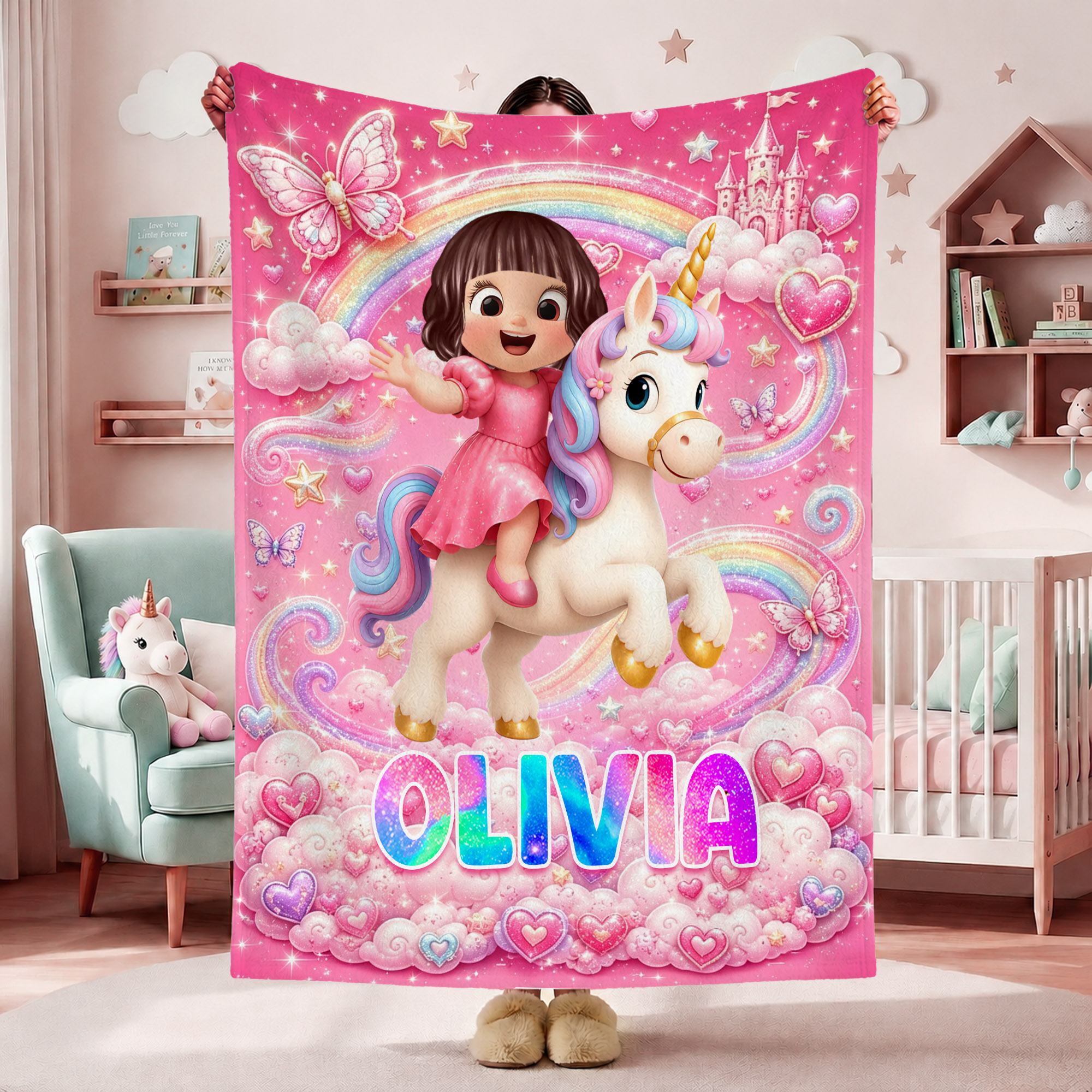 Individuell gestaltete Kuscheldecke mit Cartoon-Figuren für Kinder: Dinosaurier, Fantasie-Einhorn – mit Namen – als Geschenk zum Geburtstag, zum Kindertag oder zu anderen Feiertagen