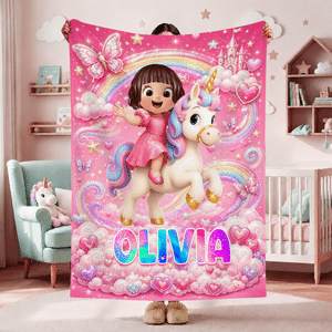 Personalized Cartoon Kid Character Dinosaur Fantasy Unicorn Soft Throw Blanket with Name Birthday Children's Day Holiday Gift for Kids