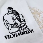Personalized Couple Portrait Outline Art Embroidery T-shirt Sweatshirt Hoodie with Roman Numeral Anniversary Wedding Gift for Couples Newlyweds